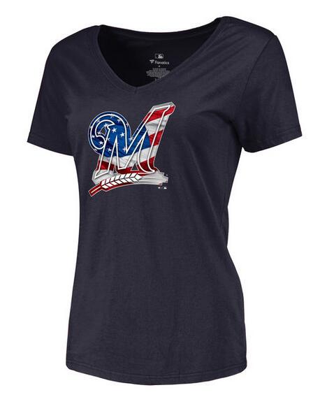 2020 MLB Women Milwaukee Brewers Navy Banner Wave Slim Fit TShirt-0